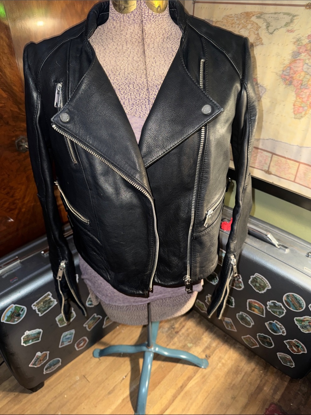 H&M Black Faux Leather Moto Biker Jacket Asymmetrical Zip Size 12 / Large